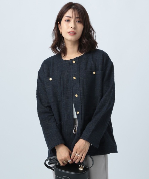 BAYFLOW（ベイフロー）の「カットツィードジャケットカーデ（ノーカラージャケット・レディース・ネイビー/オフホワイト・MEDIUM/SMALL）」の2枚目の写真