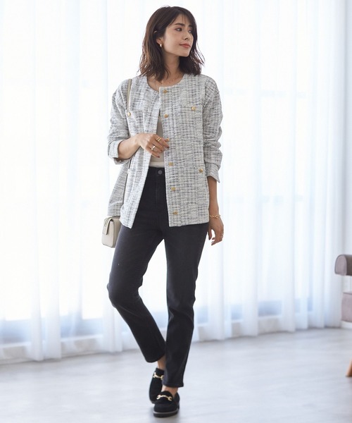 BAYFLOW（ベイフロー）の「カットツィードジャケットカーデ（ノーカラージャケット・レディース・ネイビー/オフホワイト・MEDIUM/SMALL）」の3枚目の写真