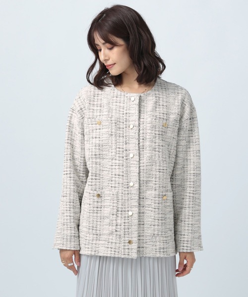 BAYFLOW（ベイフロー）の「カットツィードジャケットカーデ（ノーカラージャケット・レディース・ネイビー/オフホワイト・MEDIUM/SMALL）」の13枚目の写真