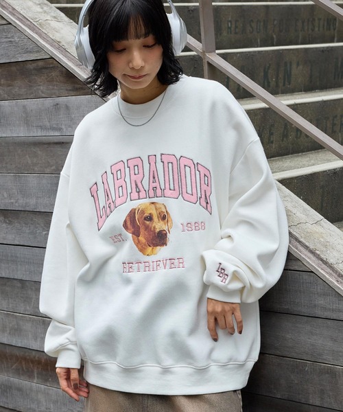 Labrador Retriever（ラブラドールリトリーバー）の「Labrador Retriever/ラブラドールレトリーバー 別注 カレッジロゴ刺繍 ビッグシルエット プルオーバースウェット（スウェット・メンズ・グリーン/チャコール/ネイビー/グレー/杢グレー/カーキ/ダークブラウン/グレイッシュベージュ/オフホワイト/レッド・L/M）」の2枚目の写真