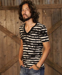 NO ID. | mt2775 - コットン天竺クラックボーダーＶネックTシャツ(Tシャツ/カットソー)