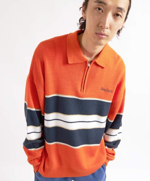 BEN DAVIS(ベンデイビス)の「【BEN DAVIS(ベンデイビス)】ROWER KNIT POLO / マルチボーダー ハーフジップ オーバーサイズ ニット ポロ(ニット/セーター・メンズ・グリーン系その他2/ブラック/ネイビー/オレンジ・LARGE/X-LARGE/MEDIUM)」の4枚目の写真
