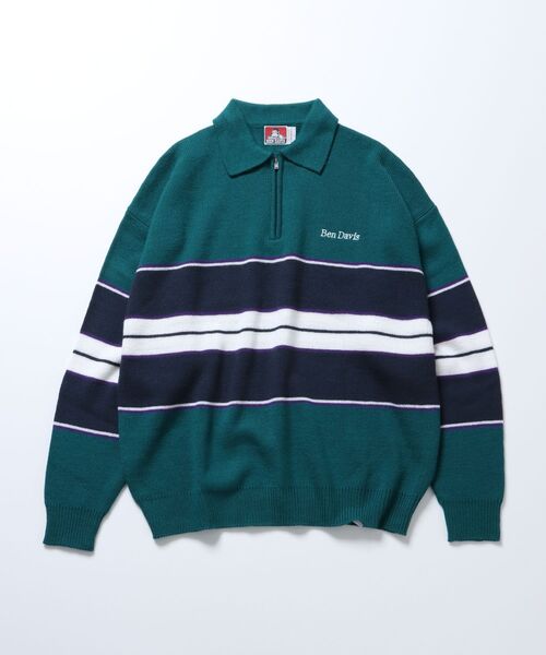 BEN DAVIS(ベンデイビス)の「【BEN DAVIS(ベンデイビス)】ROWER KNIT POLO / マルチボーダー ハーフジップ オーバーサイズ ニット ポロ(ニット/セーター・メンズ・グリーン系その他2/ブラック/ネイビー/オレンジ・LARGE/X-LARGE/MEDIUM)」の1枚目の写真