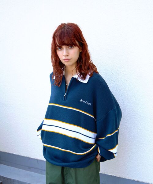 BEN DAVIS(ベンデイビス)の「【BEN DAVIS(ベンデイビス)】ROWER KNIT POLO / マルチボーダー ハーフジップ オーバーサイズ ニット ポロ(ニット/セーター・メンズ・グリーン系その他2/ブラック/ネイビー/オレンジ・LARGE/X-LARGE/MEDIUM)」の7枚目の写真