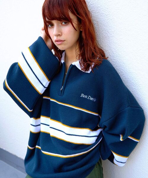 BEN DAVIS(ベンデイビス)の「【BEN DAVIS(ベンデイビス)】ROWER KNIT POLO / マルチボーダー ハーフジップ オーバーサイズ ニット ポロ(ニット/セーター・メンズ・グリーン系その他2/ブラック/ネイビー/オレンジ・LARGE/X-LARGE/MEDIUM)」の9枚目の写真