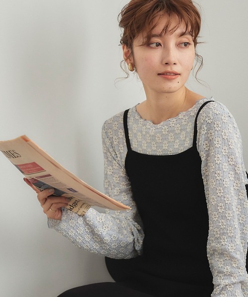 フラワージャガードレースボートネックトップス（Tシャツ