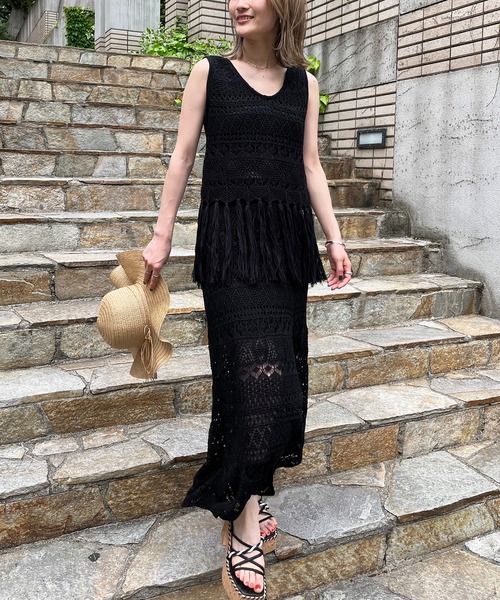 SPIRALGIRL（スパイラルガール）の「クロシェスリットスカート（スカート・レディース・ブラウン/ブラック・FREE）」の3枚目の写真