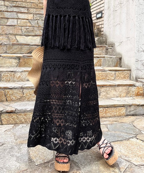 SPIRALGIRL（スパイラルガール）の「クロシェスリットスカート（スカート・レディース・ブラウン/ブラック・FREE）」の5枚目の写真