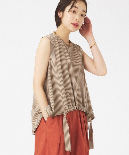 qualite（カリテ）の「ストライプギャザーブラウス（シャツ/ブラウス・レディース・ベージュ/ホワイト/グリーン・フリー）」の2枚目の写真