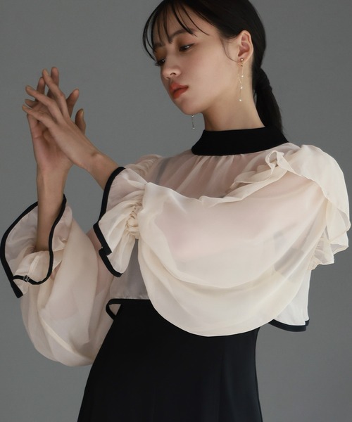 美品　GIRL　シアーブラウス＆マーメイドワンピース　ドレス　パープル　結婚式 シアーフリルブラウス・キャミソールワンピースレイヤード