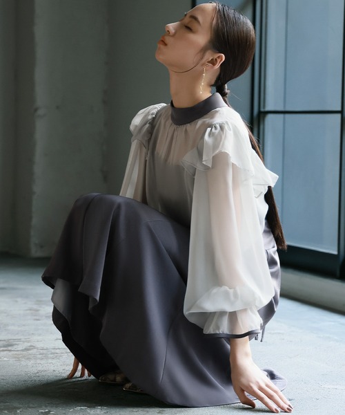 girl（ガール）の「シアーフリルブラウス・キャミソールワンピースレイヤード マーメイド ロング 結婚式 ワンピース パーティードレス オケージョンドレス お呼ばれ 二次会 成人式 同窓会 謝恩会 マタニティ 妊婦（ドレス・レディース・パープル/ブラウン/グレー/モカ/ベージュ・S/M/L/2L）」の18枚目の写真