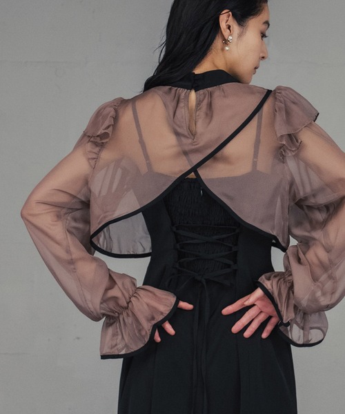 girl（ガール）の「シアーフリルブラウス・キャミソールワンピースレイヤード マーメイド ロング 結婚式 ワンピース パーティードレス オケージョンドレス お呼ばれ 二次会 成人式 同窓会 謝恩会 マタニティ 妊婦（ドレス・レディース・パープル/ブラウン/グレー/モカ/ベージュ・S/M/L/2L）」の9枚目の写真