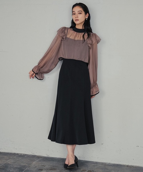 girl（ガール）の「シアーフリルブラウス・キャミソールワンピースレイヤード マーメイド ロング 結婚式 ワンピース パーティードレス オケージョンドレス お呼ばれ 二次会 成人式 同窓会 謝恩会 マタニティ 妊婦（ドレス・レディース・パープル/ブラウン/グレー/モカ/ベージュ・S/M/L/2L）」の8枚目の写真