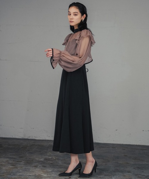 girl（ガール）の「シアーフリルブラウス・キャミソールワンピースレイヤード マーメイド ロング 結婚式 ワンピース パーティードレス オケージョンドレス お呼ばれ 二次会 成人式 同窓会 謝恩会 マタニティ 妊婦（ドレス・レディース・パープル/ブラウン/グレー/モカ/ベージュ・S/M/L/2L）」の7枚目の写真