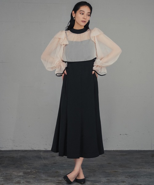 美品　GIRL　シアーブラウス＆マーメイドワンピース　ドレス　パープル　結婚式 ガール GIRL シアーフリルブラウス＆キャミソールワンピースの