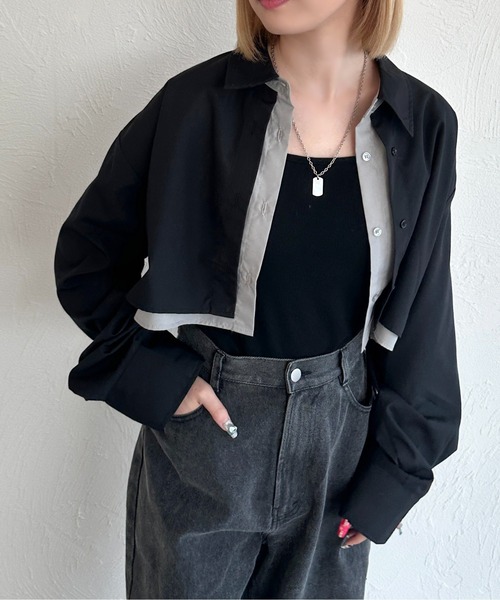 apres jour mignon(アプレジュールミニョン)の「レイヤードシャツ【ZOZOTOWN限定アイテム】(シャツ/ブラウス・レディース・ブルー系その他/ブラック/グレー・フリー/X-LARGE)」の2枚目の写真