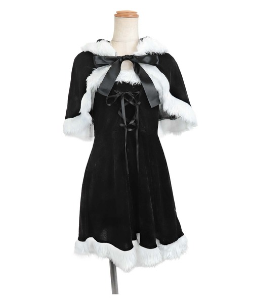 Tika（ティカ）の「サンタ コスプレ ブラック かわいい ケープ付き ふわふわ ファー レースアップ ベアトップ ノースリーブ フレア ミニ ワンピース 4点セット クリスマス コスチューム サンタコス（コスチューム/パーティーグッズ・レディース・ブラック・M）」の9枚目の写真
