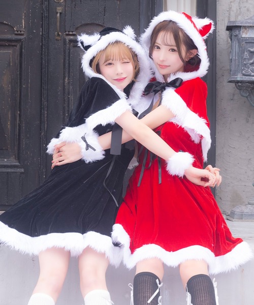Tika（ティカ）の「サンタ コスプレ ブラック かわいい ケープ付き ふわふわ ファー レースアップ ベアトップ ノースリーブ フレア ミニ ワンピース 4点セット クリスマス コスチューム サンタコス（コスチューム/パーティーグッズ・レディース・ブラック・M）」の19枚目の写真