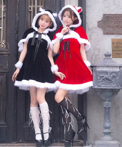 Tika（ティカ）の「サンタ コスプレ ブラック かわいい ケープ付き ふわふわ ファー レースアップ ベアトップ ノースリーブ フレア ミニ ワンピース 4点セット クリスマス コスチューム サンタコス（コスチューム/パーティーグッズ・レディース・ブラック・M）」の21枚目の写真