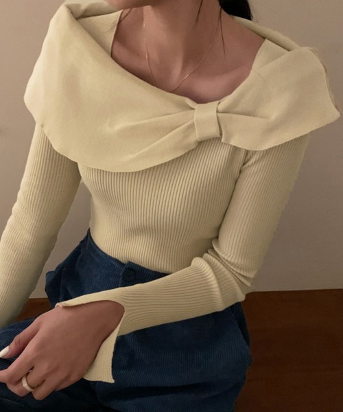 Miniministore（ミニミニストア）の「ビッグリボンニットトップスレディース秋冬（ニット/セーター・レディース・レッド/ライトベージュ/ブラック・フリー）」の5枚目の写真