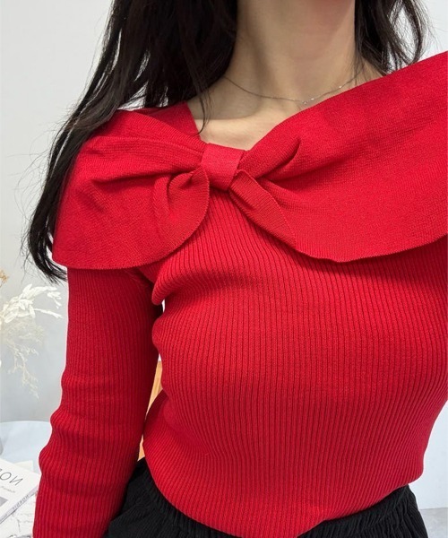 Miniministore（ミニミニストア）の「ビッグリボンニットトップスレディース秋冬（ニット/セーター・レディース・レッド/ライトベージュ/ブラック・フリー）」の11枚目の写真