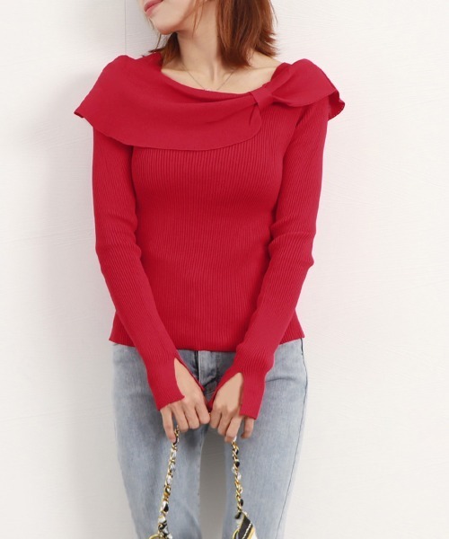 Miniministore（ミニミニストア）の「ビッグリボンニットトップスレディース秋冬（ニット/セーター・レディース・レッド/ライトベージュ/ブラック・フリー）」の13枚目の写真