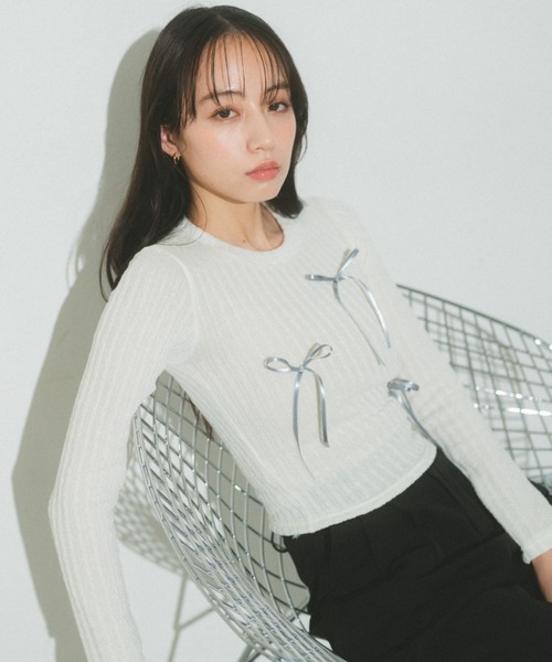 Auntie Rosa（アンティローザ）の「リボンリブトップス（Tシャツ/カットソー・レディース・ピンク/グレー/ブラック/ホワイト・FREE）」の3枚目の写真