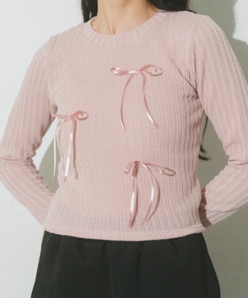 Auntie Rosa（アンティローザ）の「リボンリブトップス（Tシャツ/カットソー・レディース・ピンク/グレー/ブラック/ホワイト・FREE）」の2枚目の写真