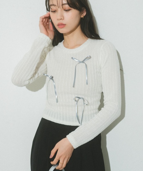 Auntie Rosa（アンティローザ）の「リボンリブトップス（Tシャツ/カットソー・レディース・ピンク/グレー/ブラック/ホワイト・FREE）」の5枚目の写真