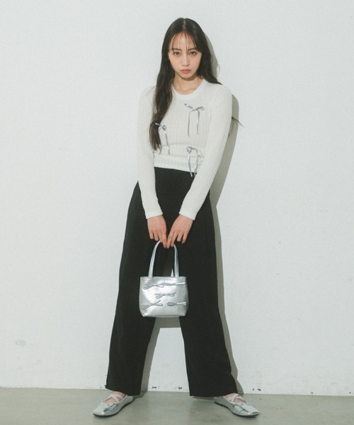 Auntie Rosa（アンティローザ）の「リボンリブトップス（Tシャツ/カットソー・レディース・ピンク/グレー/ブラック/ホワイト・FREE）」の6枚目の写真