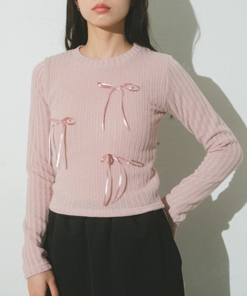 Auntie Rosa（アンティローザ）の「リボンリブトップス（Tシャツ/カットソー・レディース・ピンク/グレー/ブラック/ホワイト・FREE）」の13枚目の写真