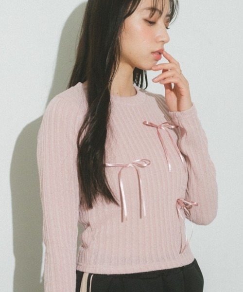 Auntie Rosa（アンティローザ）の「リボンリブトップス（Tシャツ/カットソー・レディース・ピンク/グレー/ブラック/ホワイト・FREE）」の22枚目の写真