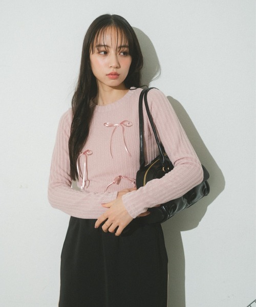 Auntie Rosa（アンティローザ）の「リボンリブトップス（Tシャツ/カットソー・レディース・ピンク/グレー/ブラック/ホワイト・FREE）」の12枚目の写真