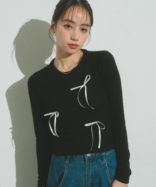 Auntie Rosa（アンティローザ）の「リボンリブトップス（Tシャツ/カットソー・レディース・ピンク/グレー/ブラック/ホワイト・FREE）」の7枚目の写真