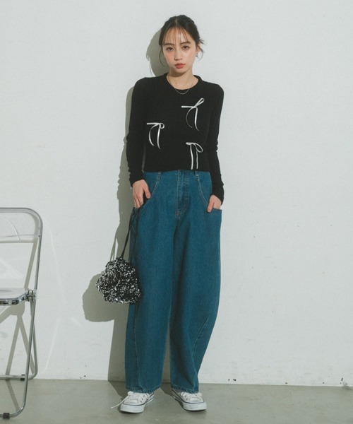 Auntie Rosa（アンティローザ）の「リボンリブトップス（Tシャツ/カットソー・レディース・ピンク/グレー/ブラック/ホワイト・FREE）」の8枚目の写真