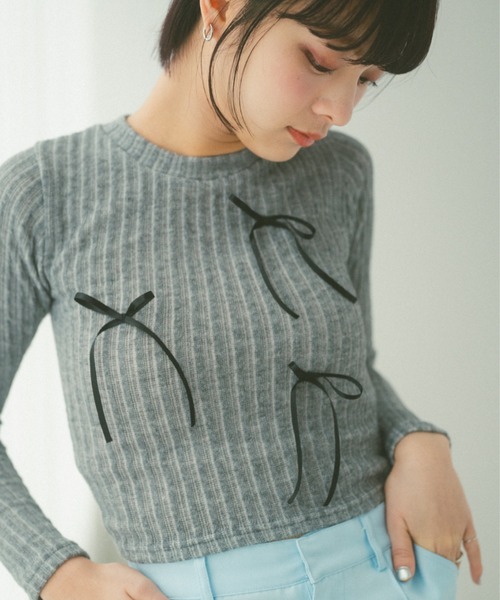 Auntie Rosa（アンティローザ）の「リボンリブトップス（Tシャツ/カットソー・レディース・ピンク/グレー/ブラック/ホワイト・FREE）」の9枚目の写真