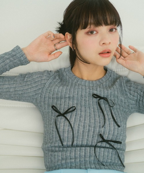 Auntie Rosa（アンティローザ）の「リボンリブトップス（Tシャツ/カットソー・レディース・ピンク/グレー/ブラック/ホワイト・FREE）」の19枚目の写真