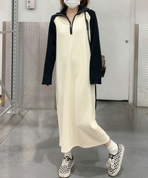 バイカラー ハーフジップ ポロ襟 ロングワンピース