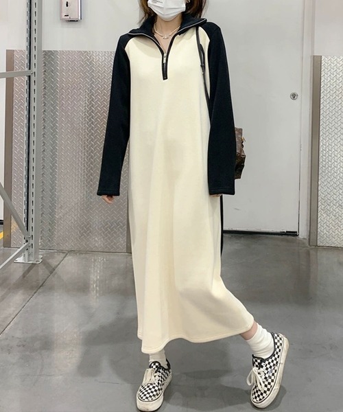 SHEPP(シープ)の「バイカラー ハーフジップ ポロ襟 ロングワンピース(ワンピース・レディース・ホワイト・FREE)」の1枚目の写真