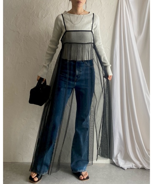 She's Closet(シーズクローゼット)の「前後2WAYバックリボンシアーレイヤードメッシュロング丈チュールキャミワンピース(ワンピース・レディース・カーキブラウン/ブラック/スモークピンク/グレイッシュベージュ/チャコールグレー/アイボリー・FREE)」の7枚目の写真
