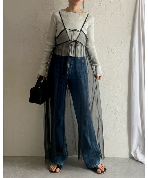 She's Closet(シーズクローゼット)の「前後2WAYバックリボンシアーレイヤードメッシュロング丈チュールキャミワンピース(ワンピース・レディース・カーキブラウン/ブラック/スモークピンク/グレイッシュベージュ/チャコールグレー/アイボリー・FREE)」の8枚目の写真