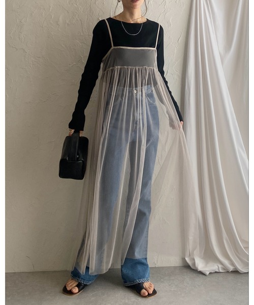 She's Closet(シーズクローゼット)の「前後2WAYバックリボンシアーレイヤードメッシュロング丈チュールキャミワンピース(ワンピース・レディース・カーキブラウン/ブラック/スモークピンク/グレイッシュベージュ/チャコールグレー/アイボリー・FREE)」の10枚目の写真