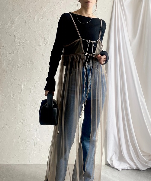 She's Closet(シーズクローゼット)の「前後2WAYバックリボンシアーレイヤードメッシュロング丈チュールキャミワンピース(ワンピース・レディース・カーキブラウン/ブラック/スモークピンク/グレイッシュベージュ/チャコールグレー/アイボリー・FREE)」の11枚目の写真