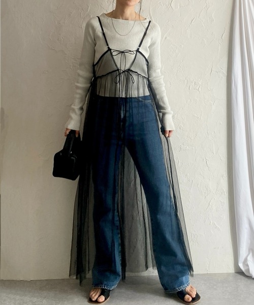 【新品タグ付き】QTUME クチューム　2WAY前後着　シアーワンピース　38 前後2Wayドット柄チュールキャミワンピース[on198] | レディース
