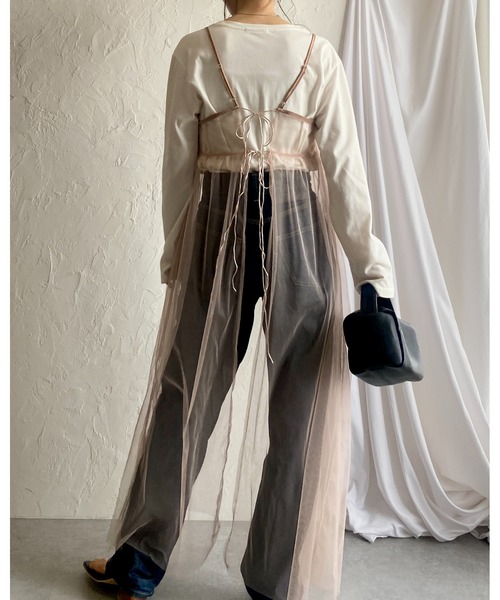 She's Closet(シーズクローゼット)の「前後2WAYバックリボンシアーレイヤードメッシュロング丈チュールキャミワンピース(ワンピース・レディース・カーキブラウン/ブラック/スモークピンク/グレイッシュベージュ/チャコールグレー/アイボリー・FREE)」の15枚目の写真