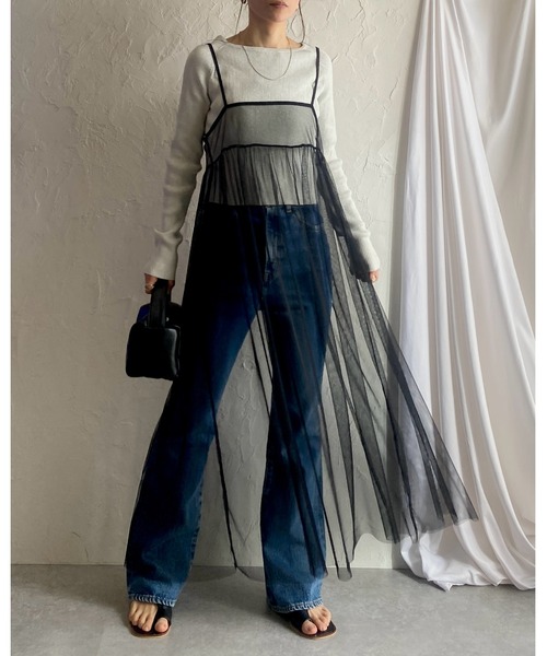 She's Closet(シーズクローゼット)の「前後2WAYバックリボンシアーレイヤードメッシュロング丈チュールキャミワンピース(ワンピース・レディース・カーキブラウン/ブラック/スモークピンク/グレイッシュベージュ/チャコールグレー/アイボリー・FREE)」の16枚目の写真