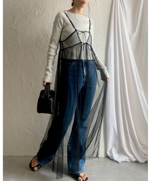 She's Closet(シーズクローゼット)の「前後2WAYバックリボンシアーレイヤードメッシュロング丈チュールキャミワンピース(ワンピース・レディース・カーキブラウン/ブラック/スモークピンク/グレイッシュベージュ/チャコールグレー/アイボリー・FREE)」の19枚目の写真