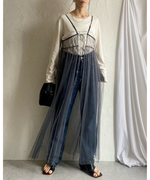 She's Closet(シーズクローゼット)の「前後2WAYバックリボンシアーレイヤードメッシュロング丈チュールキャミワンピース(ワンピース・レディース・カーキブラウン/ブラック/スモークピンク/グレイッシュベージュ/チャコールグレー/アイボリー・FREE)」の22枚目の写真