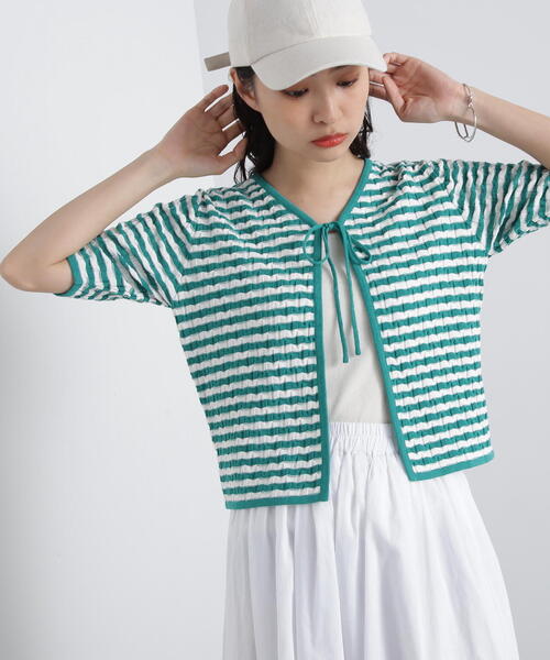 N.(N. Natural Beauty Basic)(エヌエヌナチュラルビューティーベーシック)の「◆フロントリボン柄編みボーダーニット(ニット/セーター・レディース・ブラック系その他/グリーン系その他・MEDIUM)」の20枚目の写真