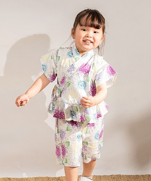 kladskap（クレードスコープ）の「紫陽花柄甚平（浴衣・キッズ・オフホワイト/ネイビー・L/S/M）」の2枚目の写真